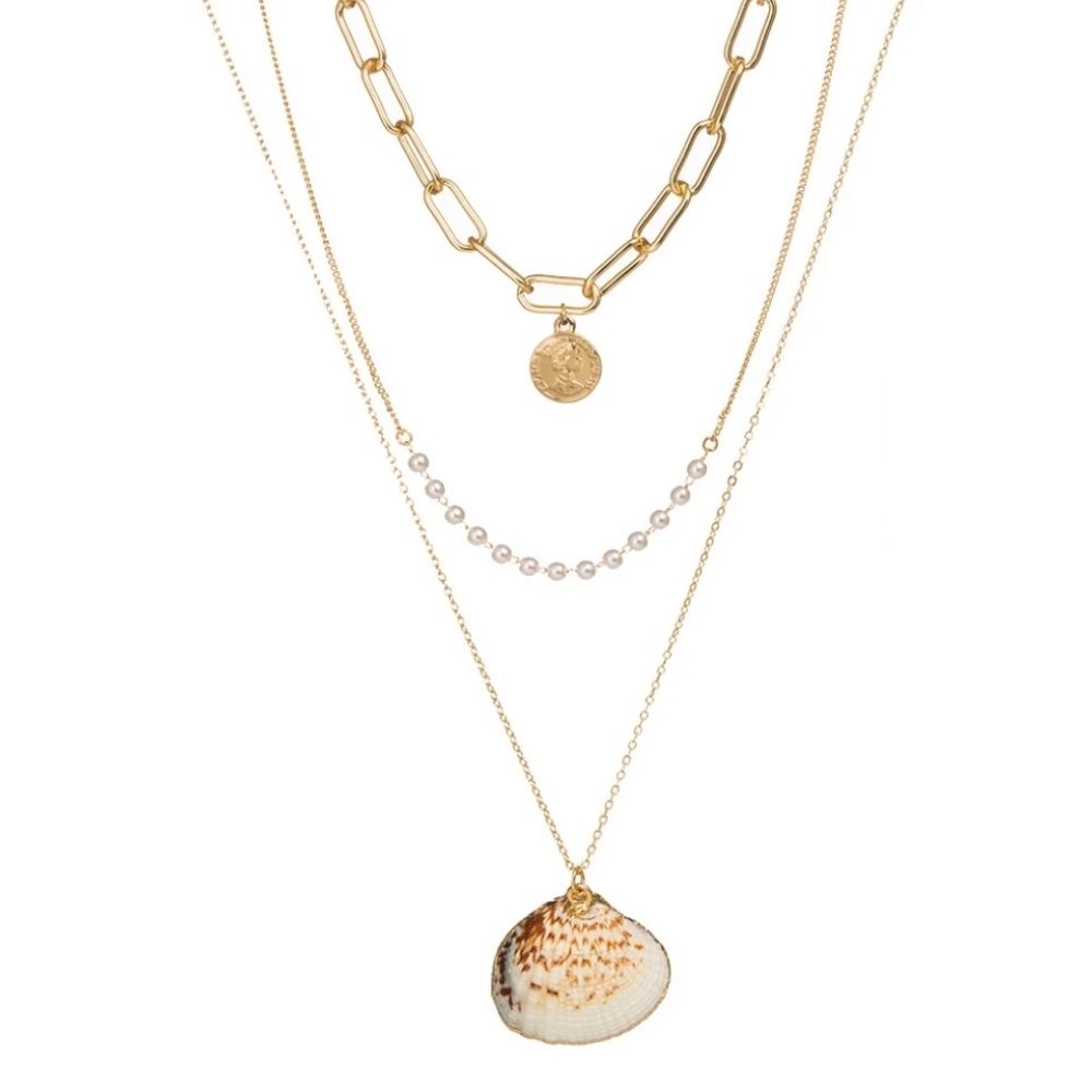 Hollywood Sensation Gold Layered Shell Necklace 3 Strand NWT